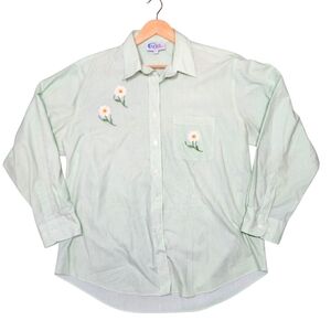 Las Olas Green Slouchy Button-Up Shirt Tunic Daisy Floral Patchwork Cottage‎ XL